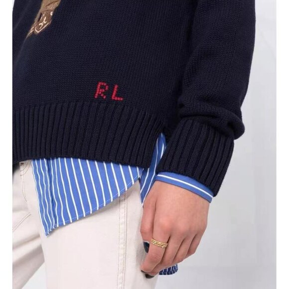 Polo Ralph Lauren Floral denim jacket with bear pattern, navy blue sweater - Picture 3 of 10